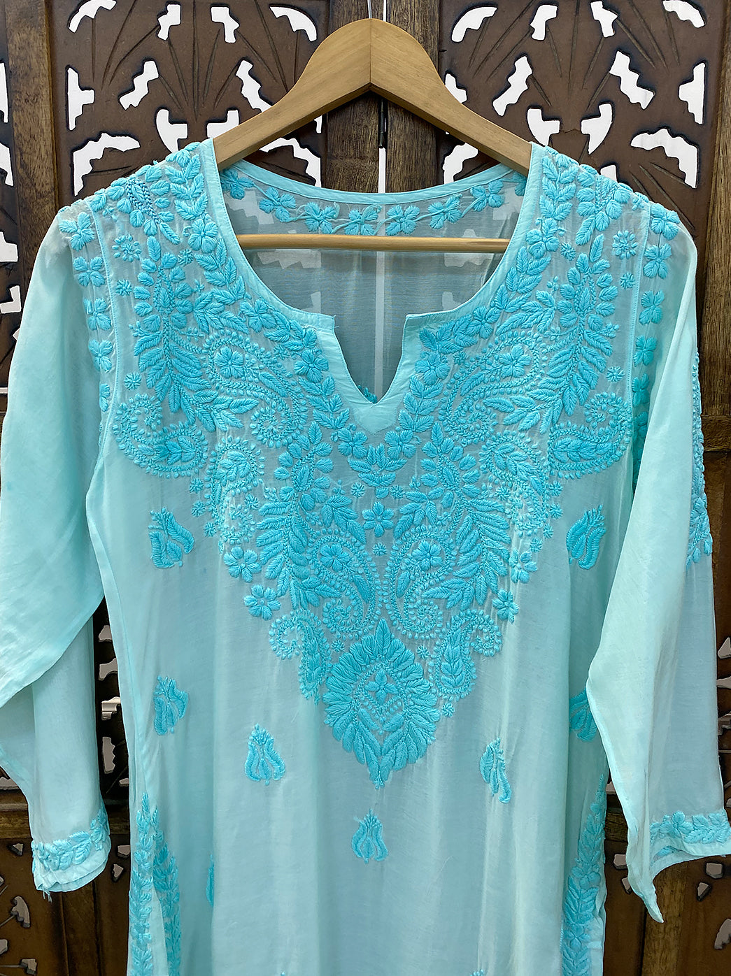 Sea Green Muslin Chikankari Straight Kurti