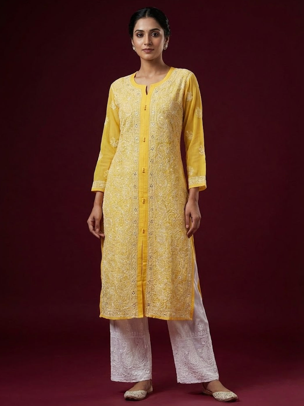 Yellow Georgette Chikankari Mukaish Work Straight Kurta