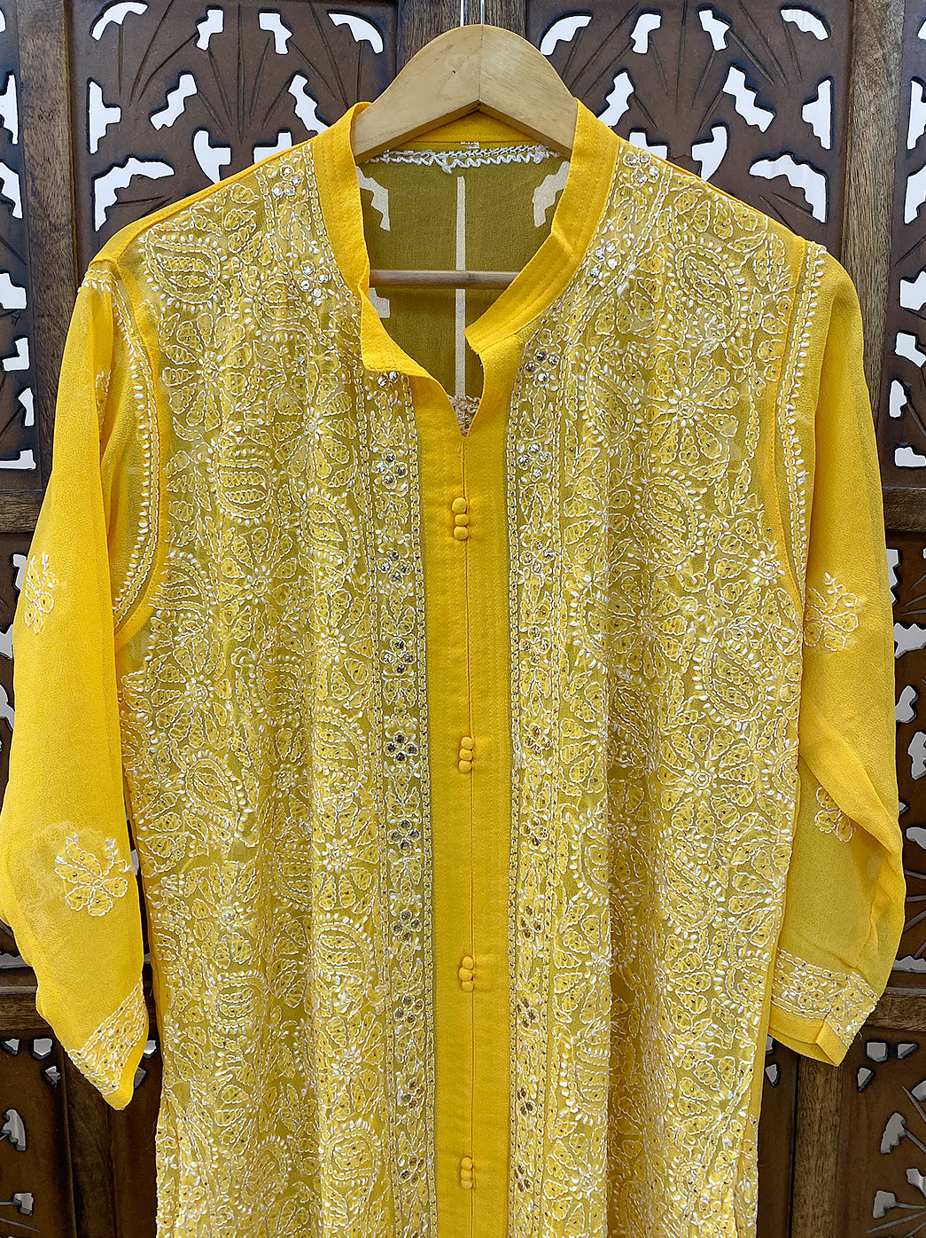 Yellow Georgette Chikankari Mukaish Work Straight Kurta