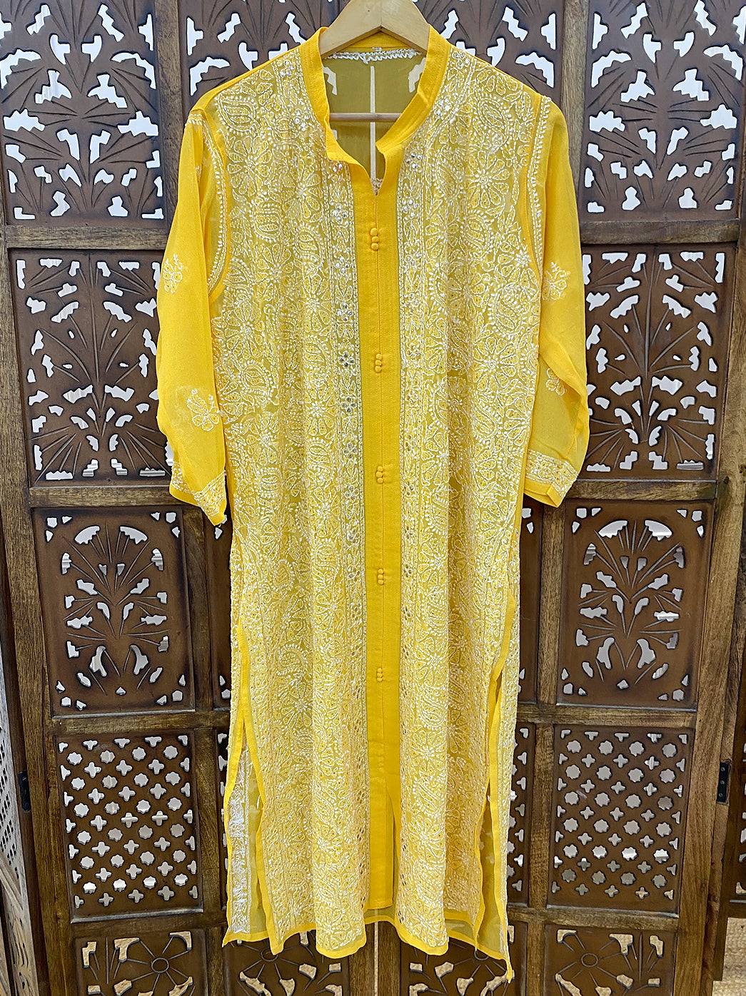 Yellow Georgette Chikankari Mukaish Work Straight Kurta