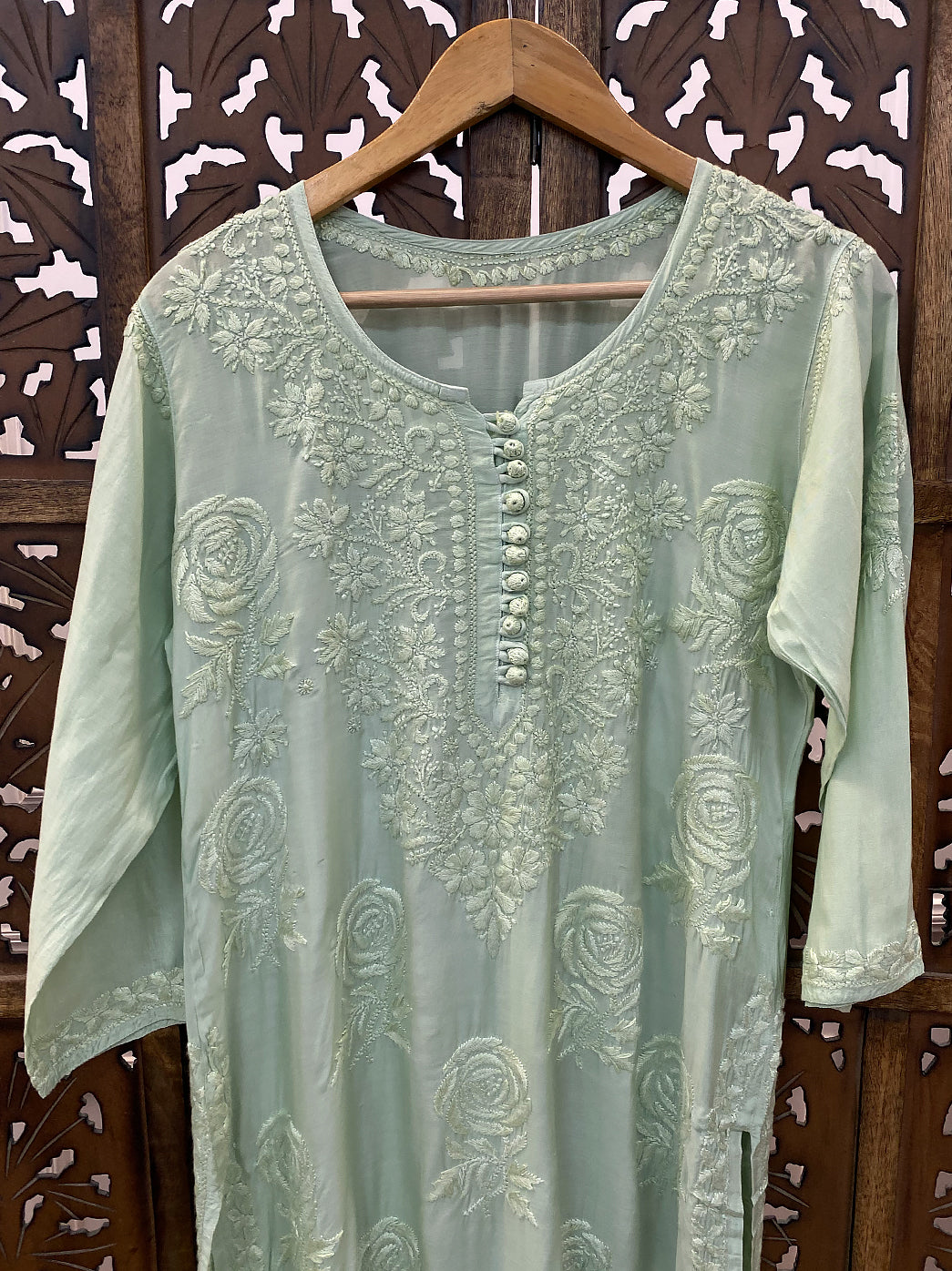 Pista Green Muslin Chikankari Straight Kurti