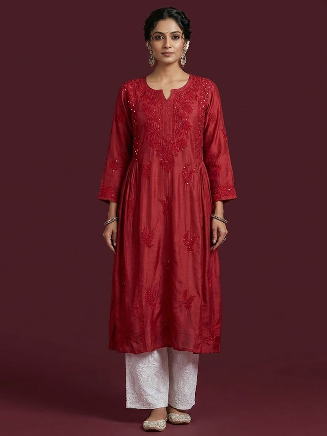 Red Chanderi Chikankari A-Line Kurti