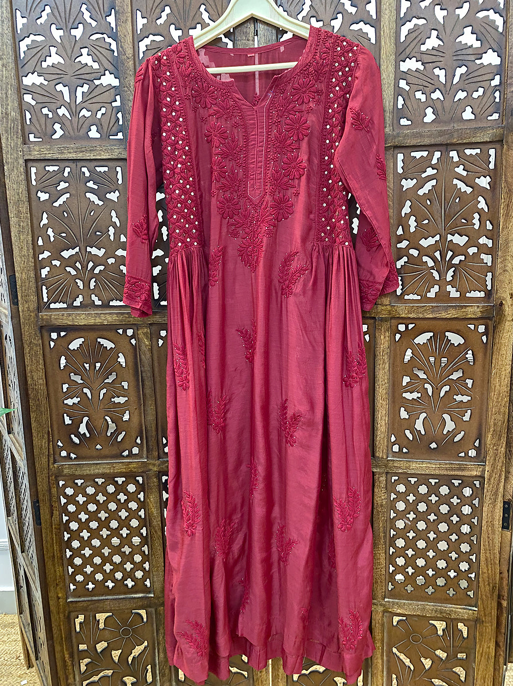 Red Chanderi Chikankari A-Line Kurti