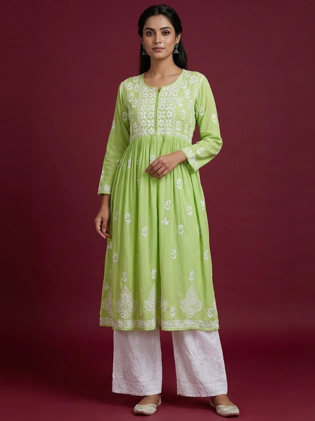 Pista Green Modal Chikankari A-Line Kurti
