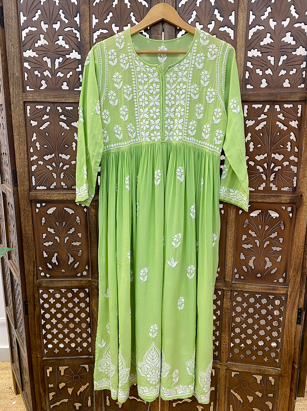 Pista Green Modal Chikankari A-Line Kurti