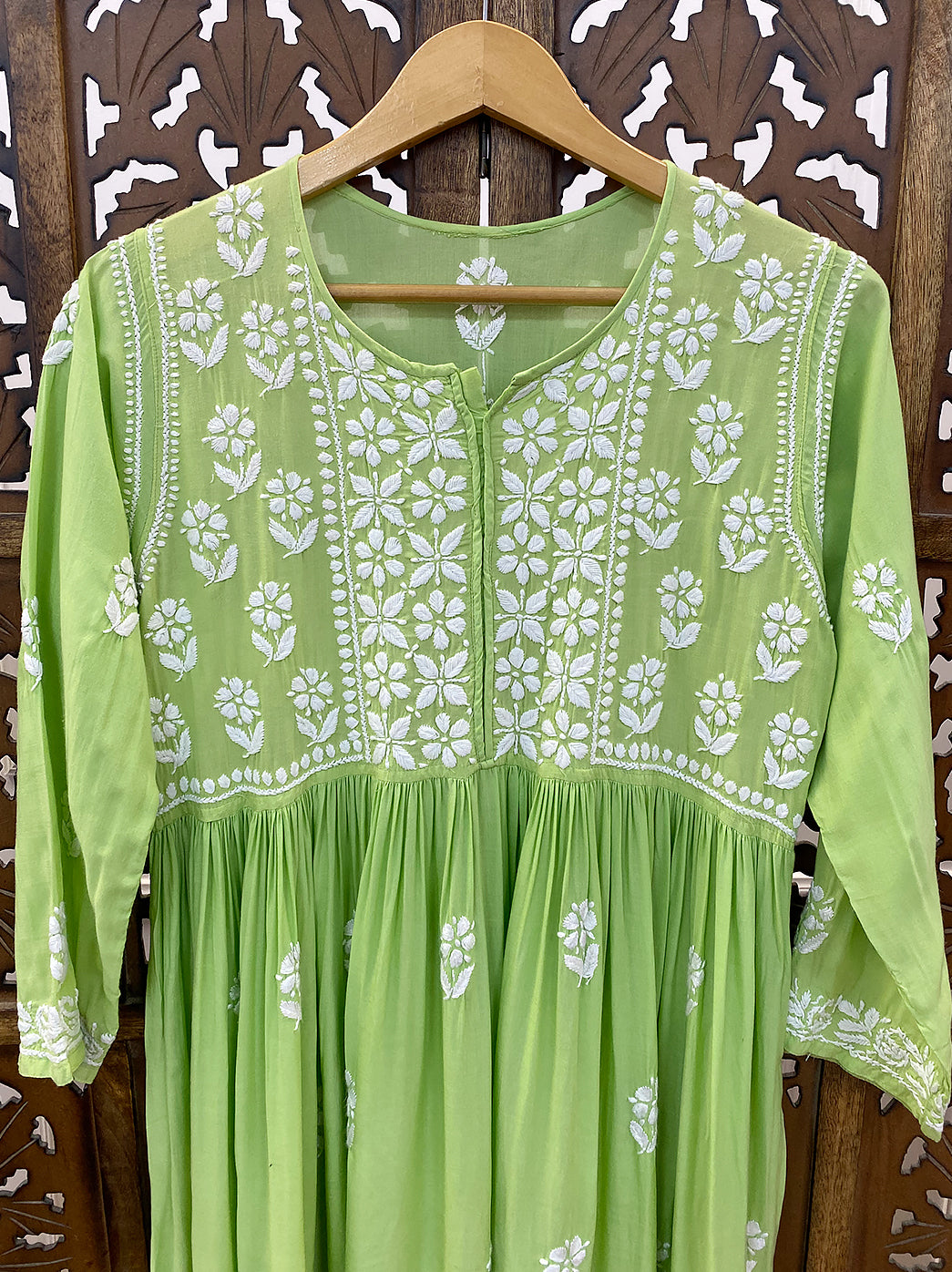 Pista Green Modal Chikankari A-Line Kurti
