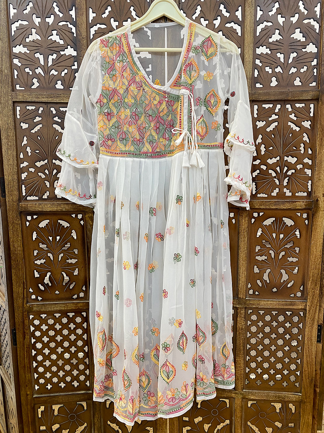 White Georgette Chikankari A-Line Kurti