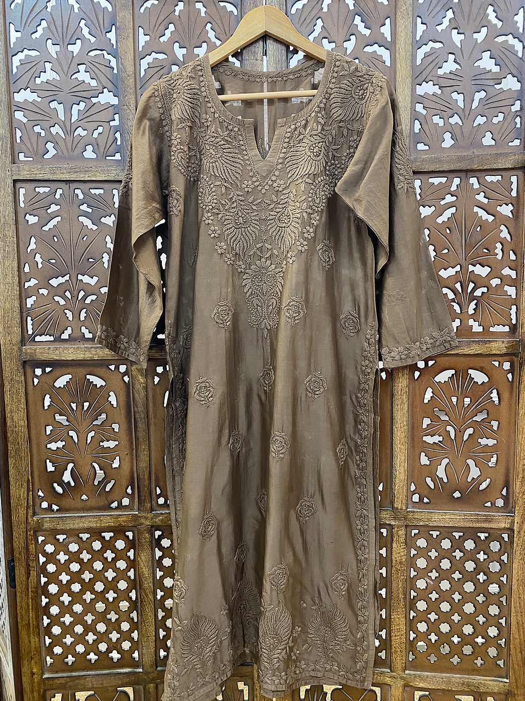 Taupe Brown Chanderi Chikankari Straight Kurti