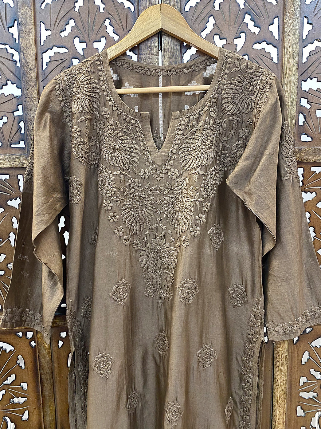 Taupe Brown Chanderi Chikankari Straight Kurti