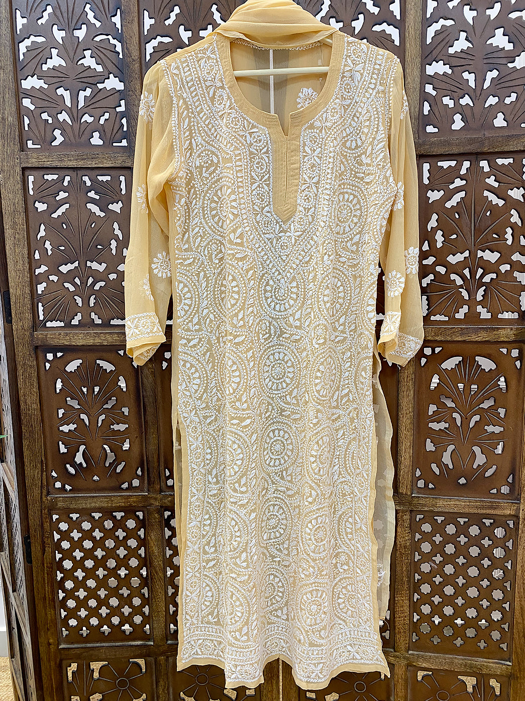 Beige Georgette Chikankari Straight Kurti with Dupatta