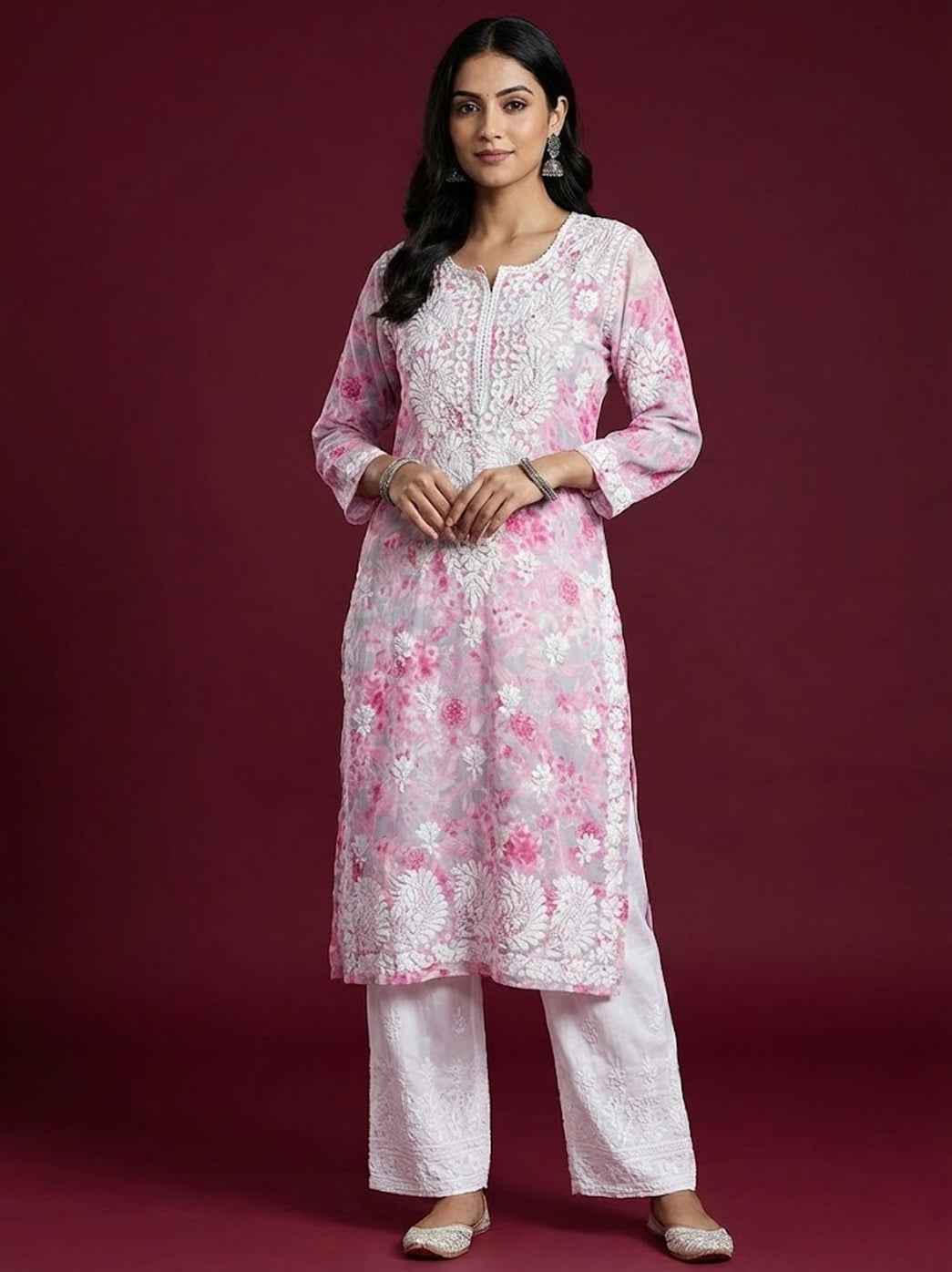 Pink Mulmul Printed Chikankari Straight Kurti