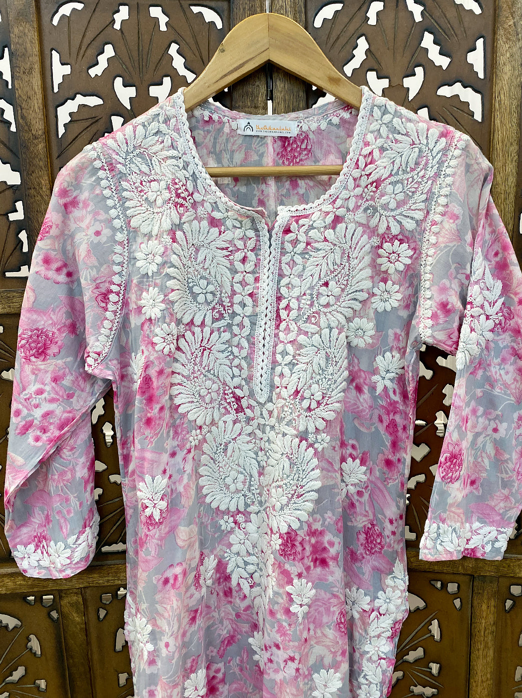 Pink Mulmul Printed Chikankari Straight Kurti