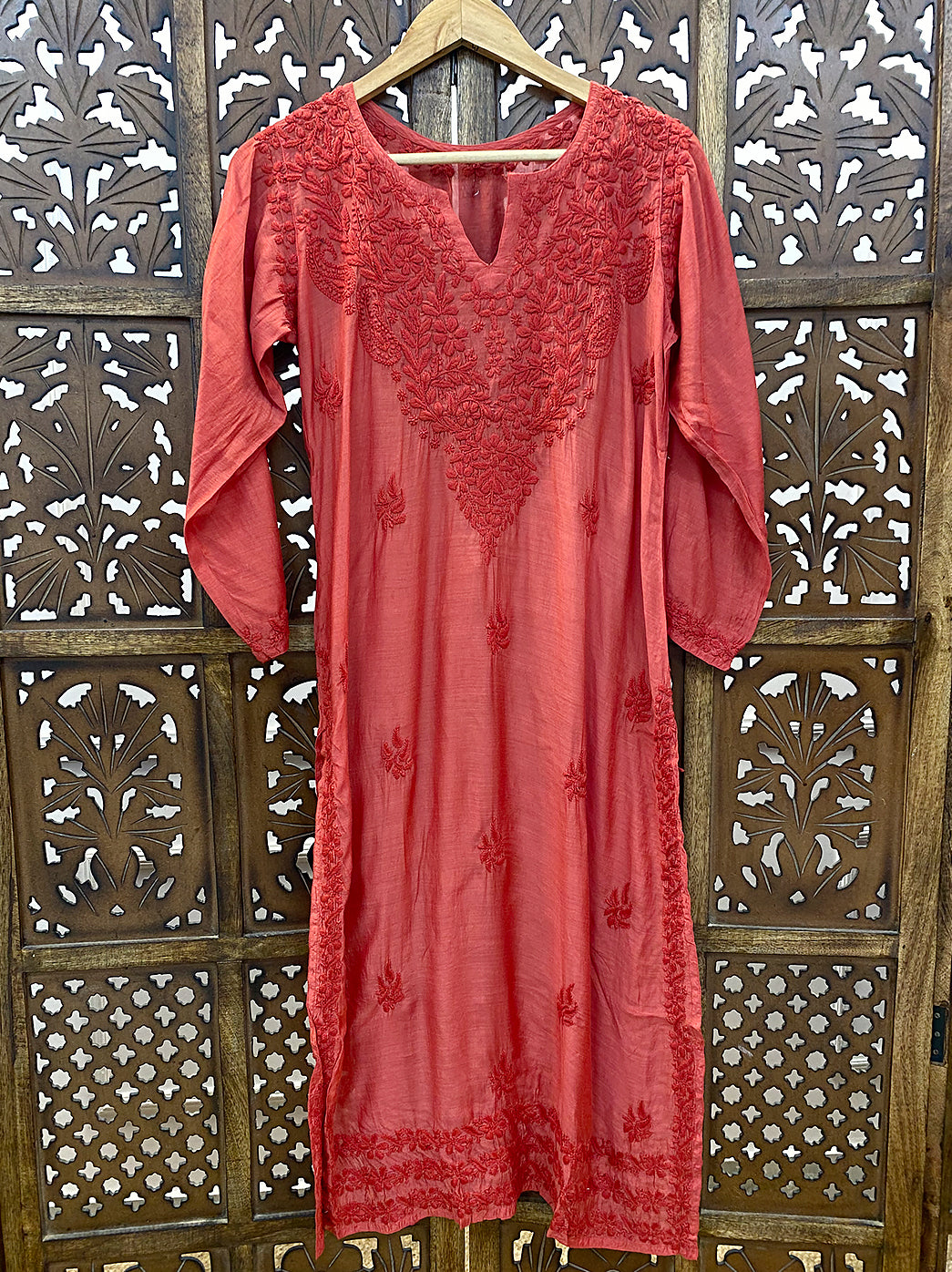 Red Muslin Chikankari Straight Kurti