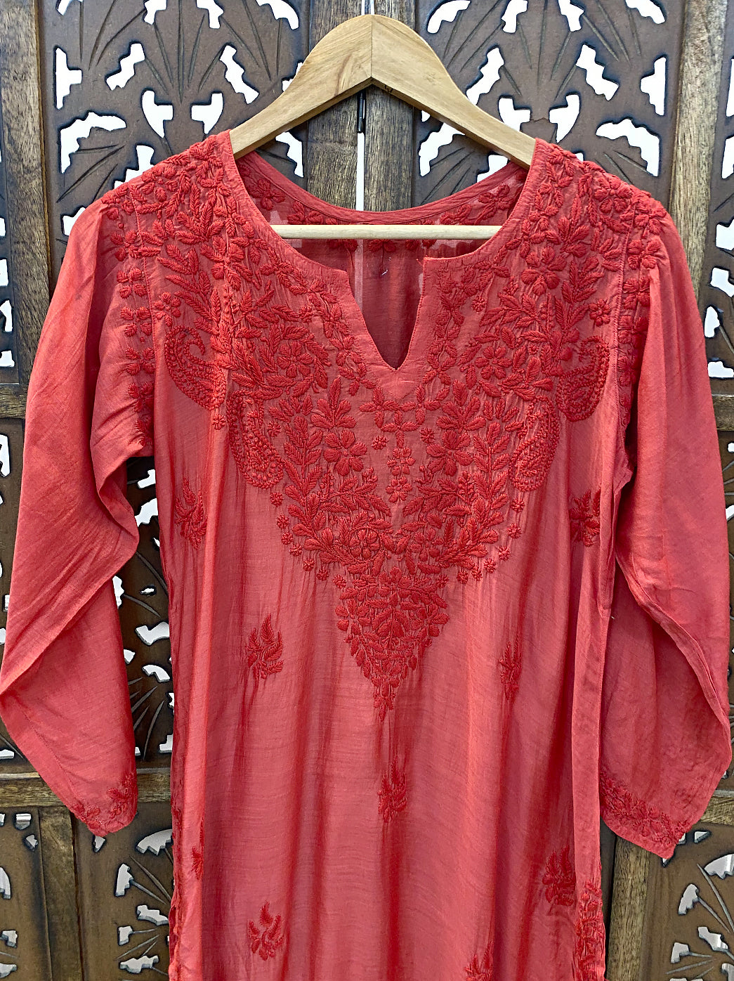 Red Muslin Chikankari Straight Kurti