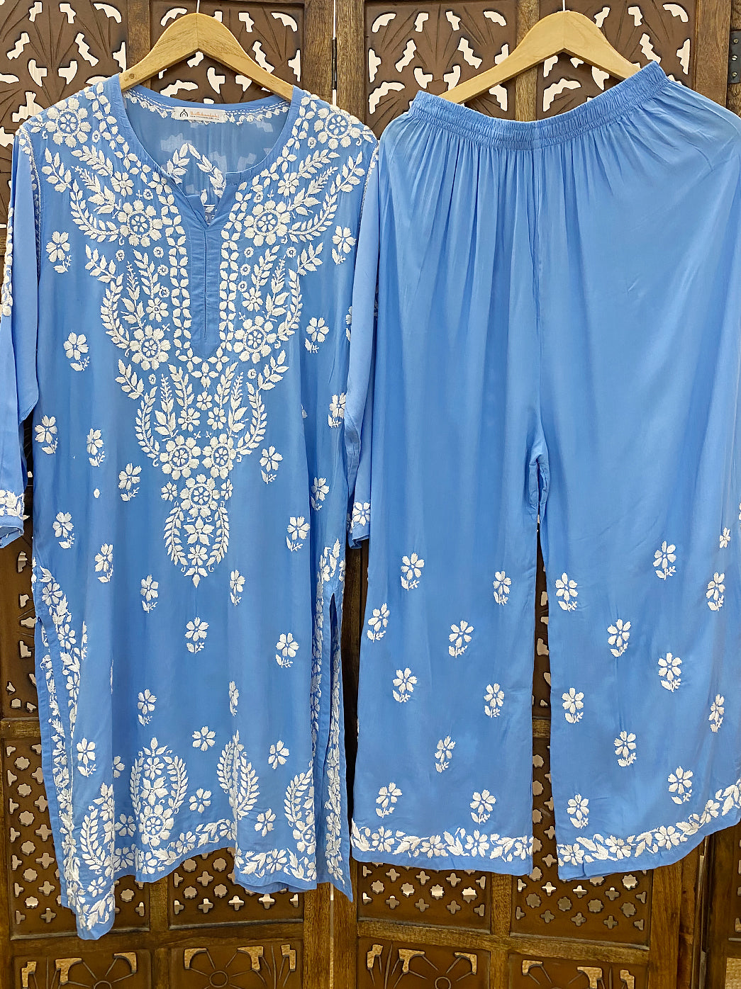 Powder Blue Modal Chikankari Kurti Palazzo Set