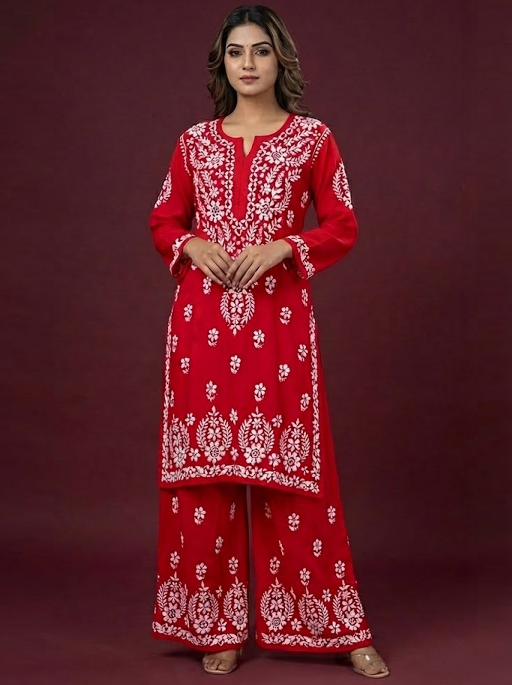 Red Modal Chikankari Kurti Palazzo Set