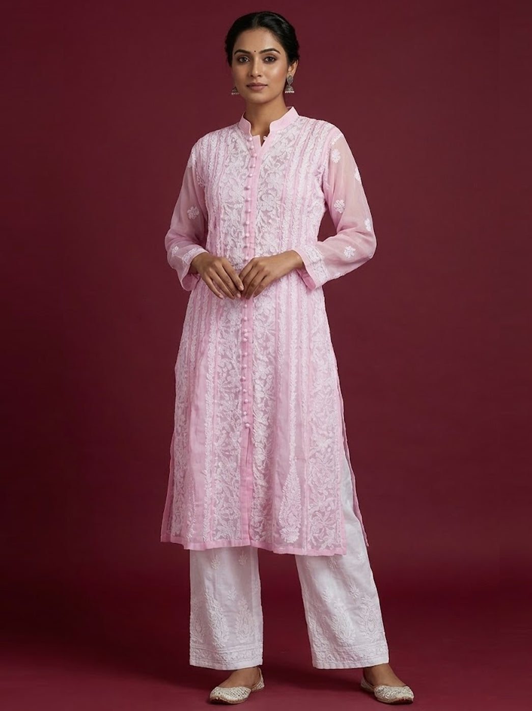 Baby Pink Georgette Chikankari Straight Kurta