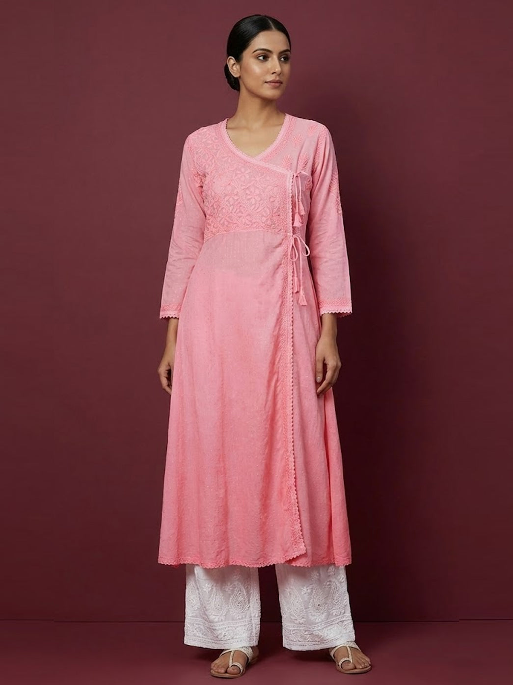 Peach Cotton Chikankari Angrakha