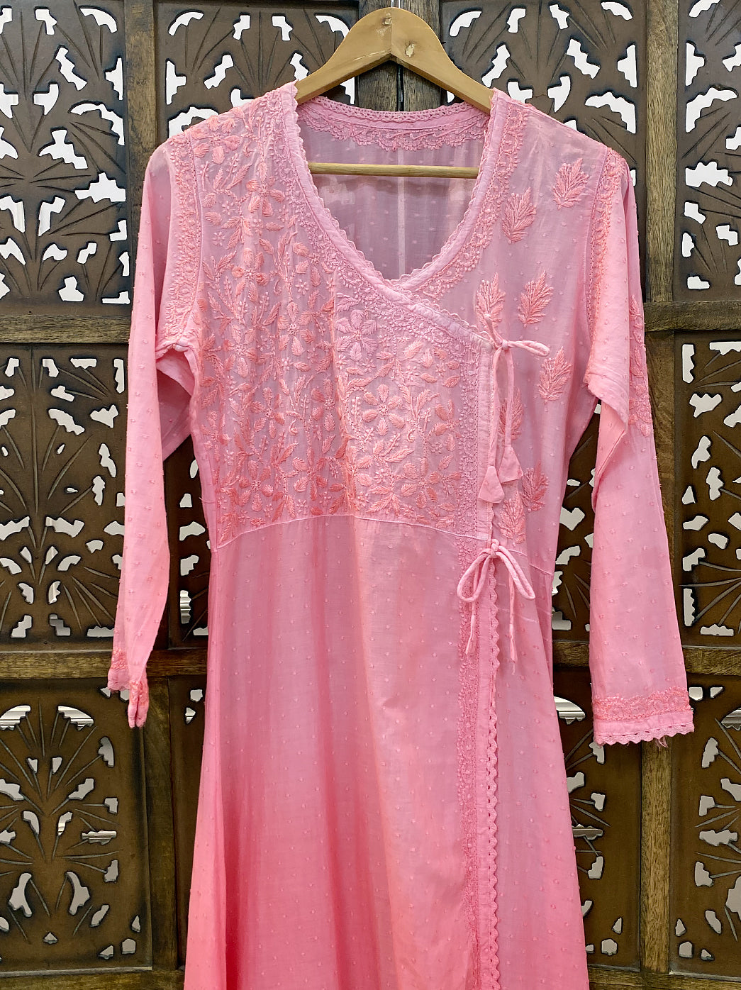 Peach Cotton Chikankari Angrakha