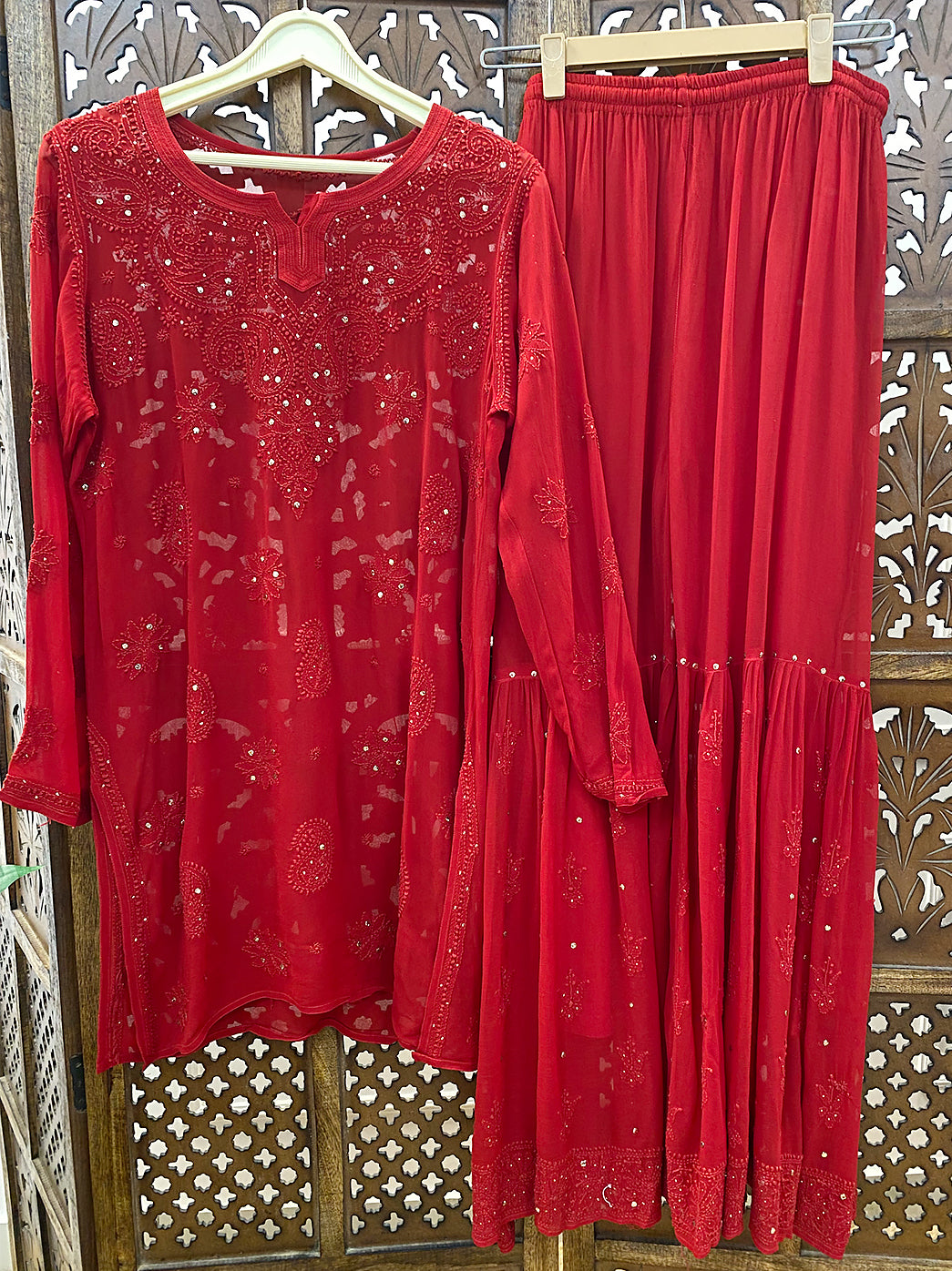Red Viscose Chikankari Kurta Garara Set