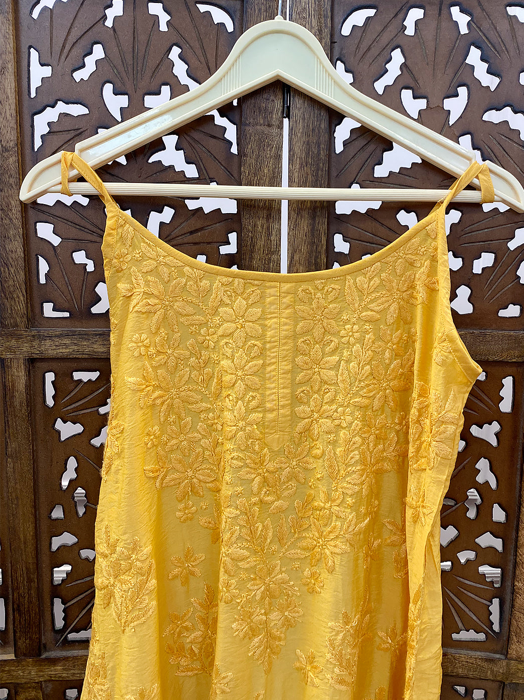 Yellow Chanderi Chikankari Strappy