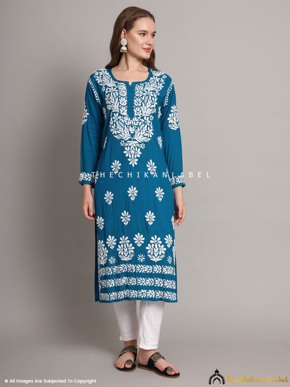 Teal Blue Aditi Modal Chikankari Straight Kurti