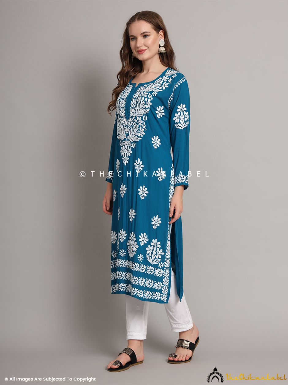 Teal Blue Aditi Modal Chikankari Straight Kurti