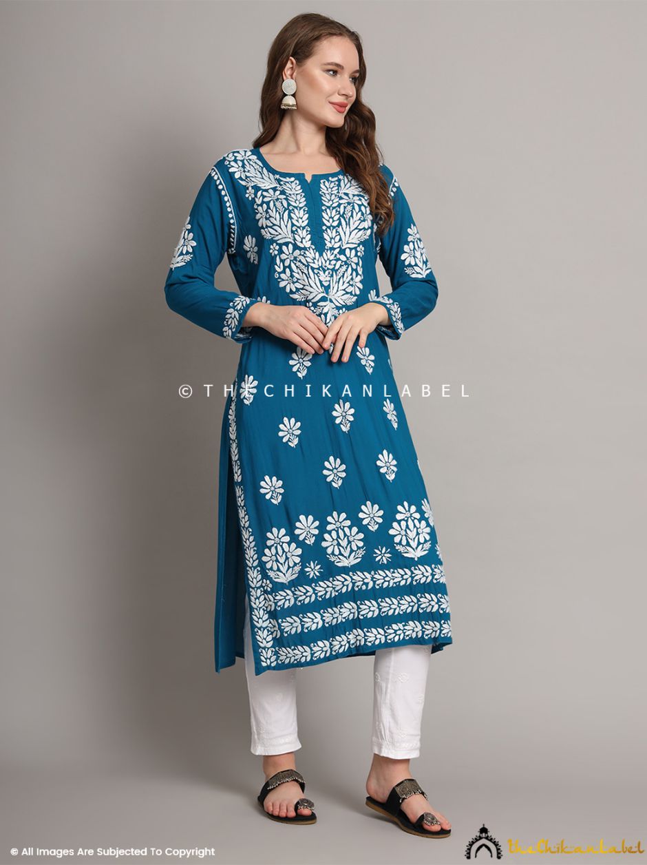 Teal Blue Aditi Modal Chikankari Straight Kurti