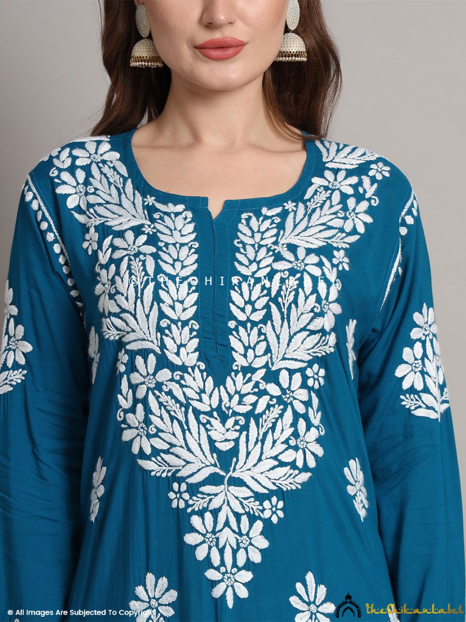 Teal Blue Aditi Modal Chikankari Straight Kurti