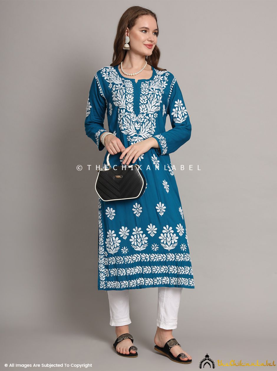 Teal Blue Aditi Modal Chikankari Straight Kurti