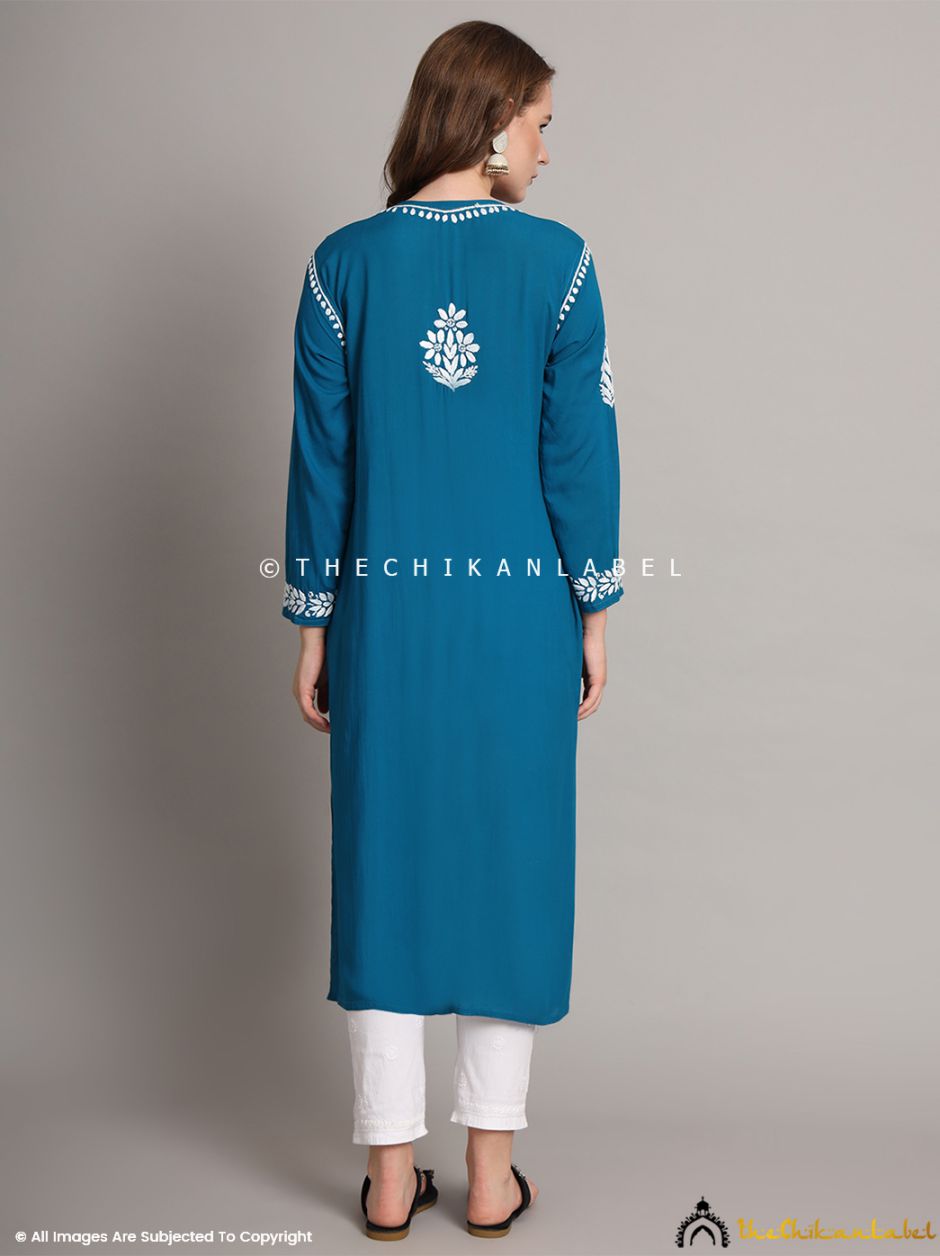 Teal Blue Aditi Modal Chikankari Straight Kurti