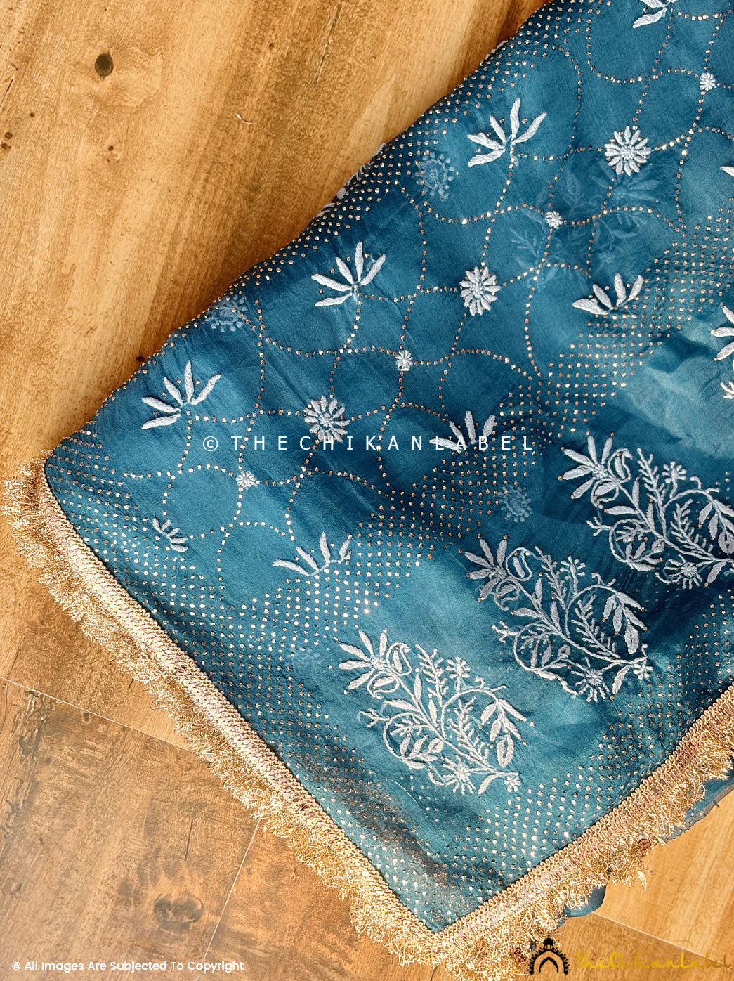 Teal Blue Leela Organza Chikankari Lace Border Saree