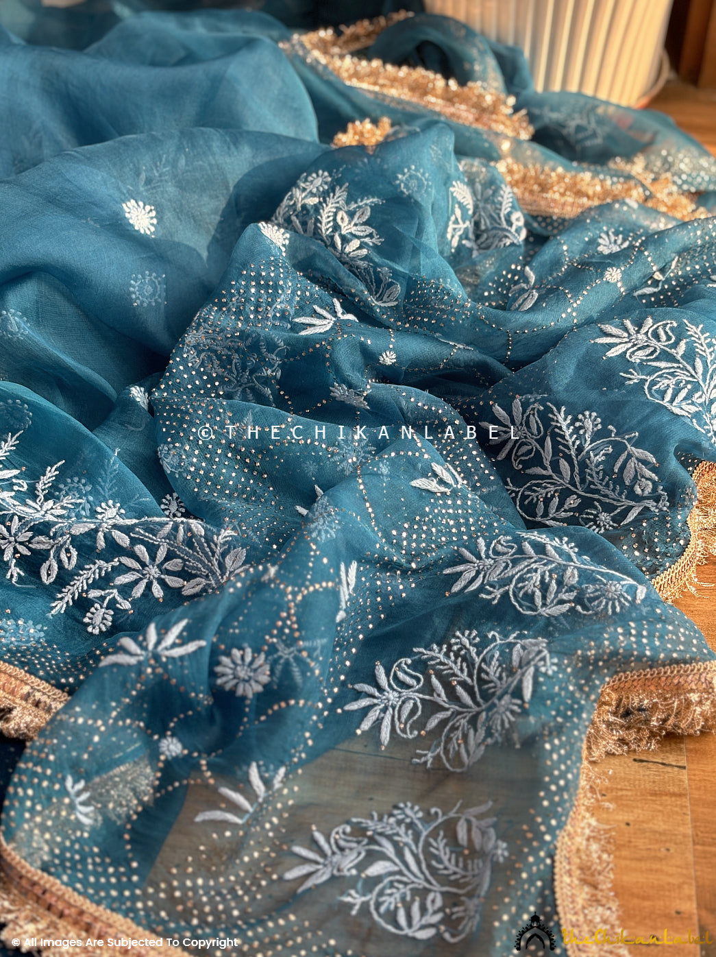 Teal Blue Leela Organza Chikankari Lace Border Saree