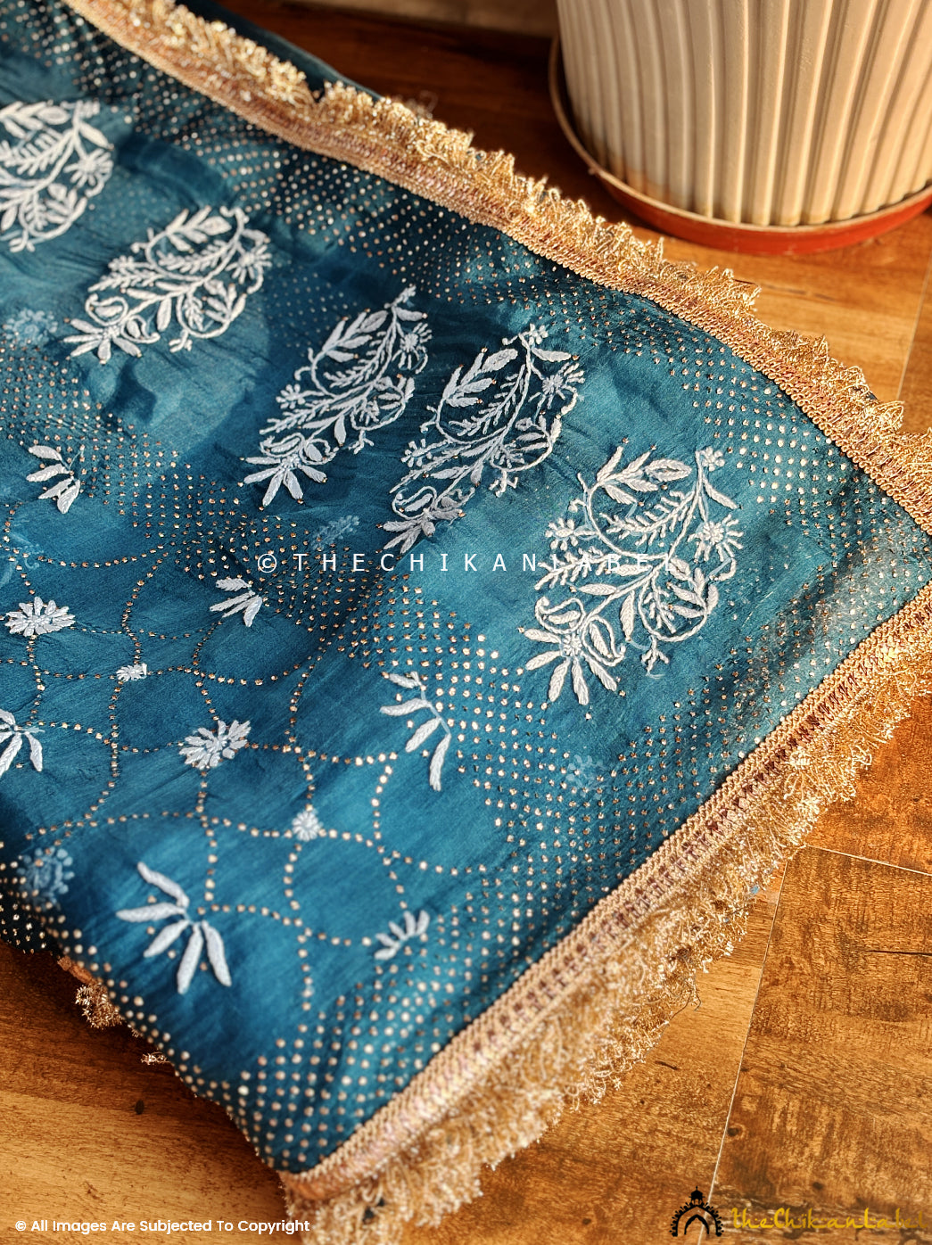 Teal Blue Leela Organza Chikankari Lace Border Saree