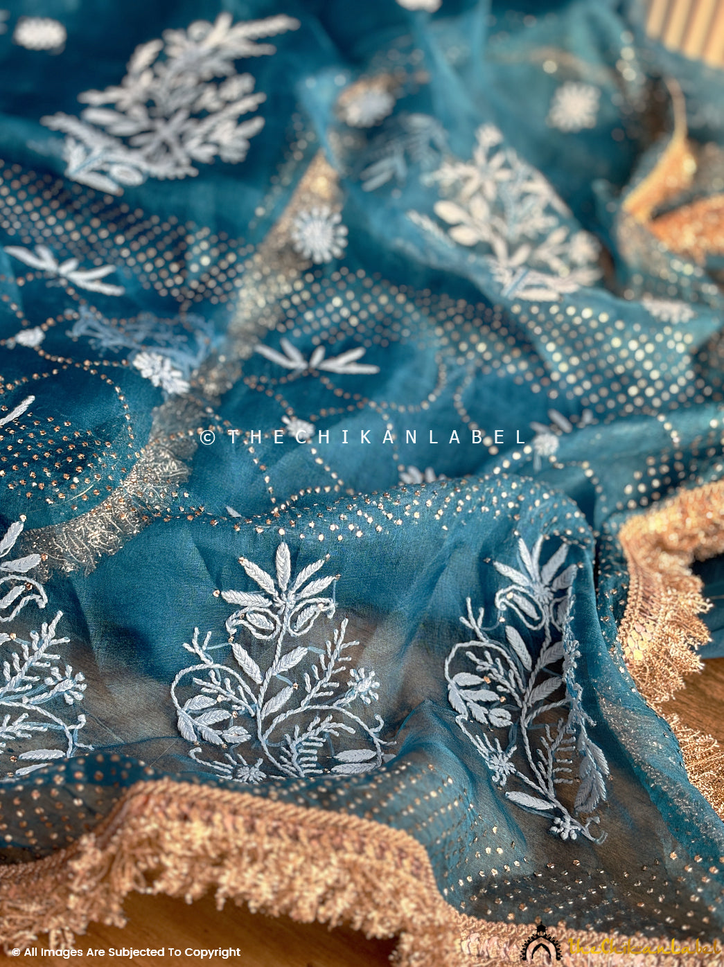 Teal Blue Leela Organza Chikankari Lace Border Saree