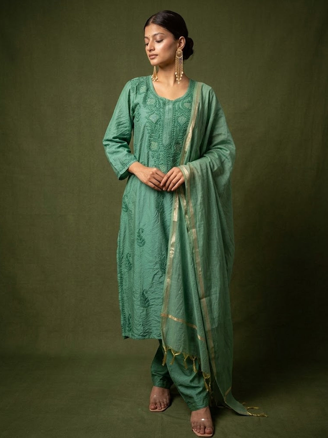Tiya Chanderi Chikankari Kurta Set with Dupatta - Green
