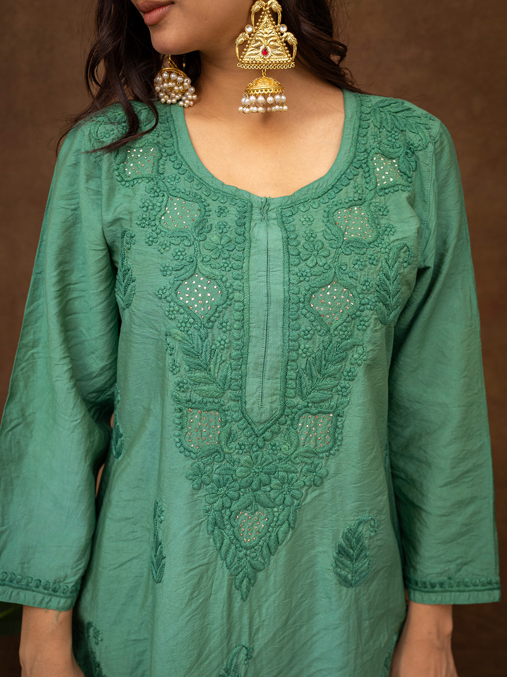 Tiya Chanderi Chikankari Kurta Set with Dupatta - Green