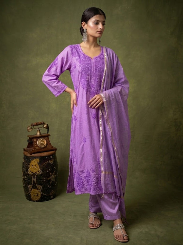 Tiya Chanderi Chikankari Kurta Set with Dupatta - Lavender