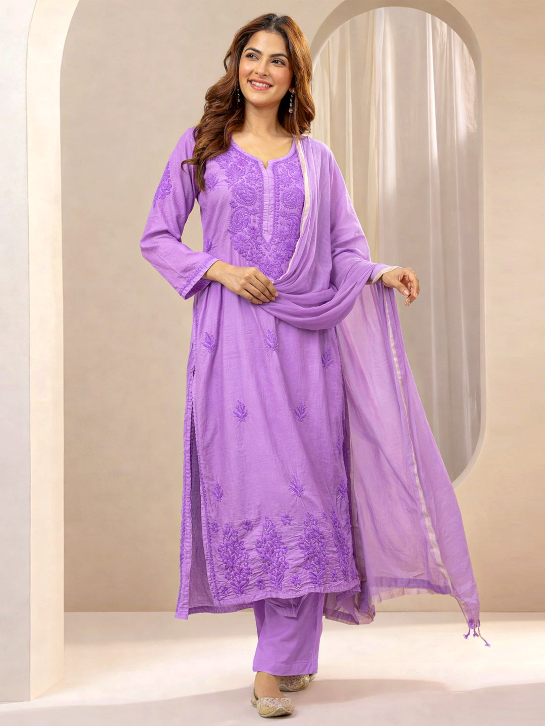Tiya Chanderi Chikankari Kurta Set with Dupatta - Lavender