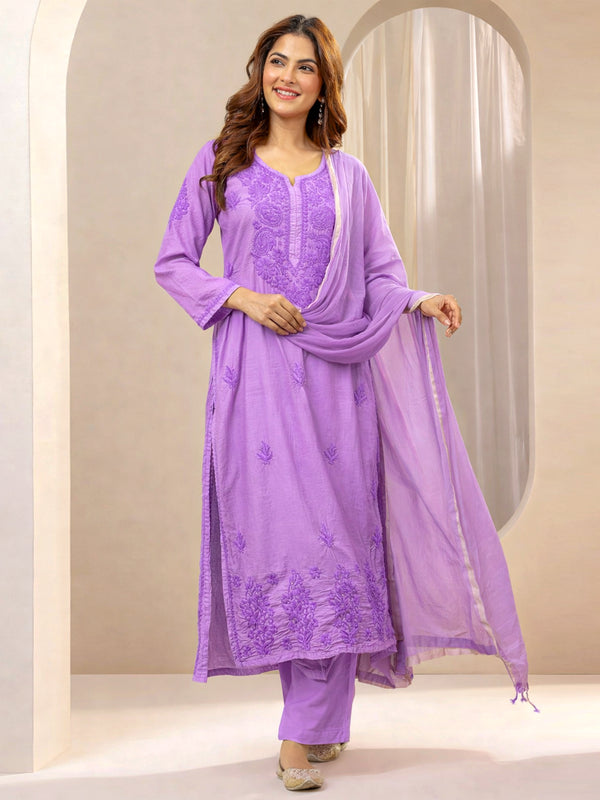Tiya Chanderi Chikankari Kurta Set with Dupatta - Lavender
