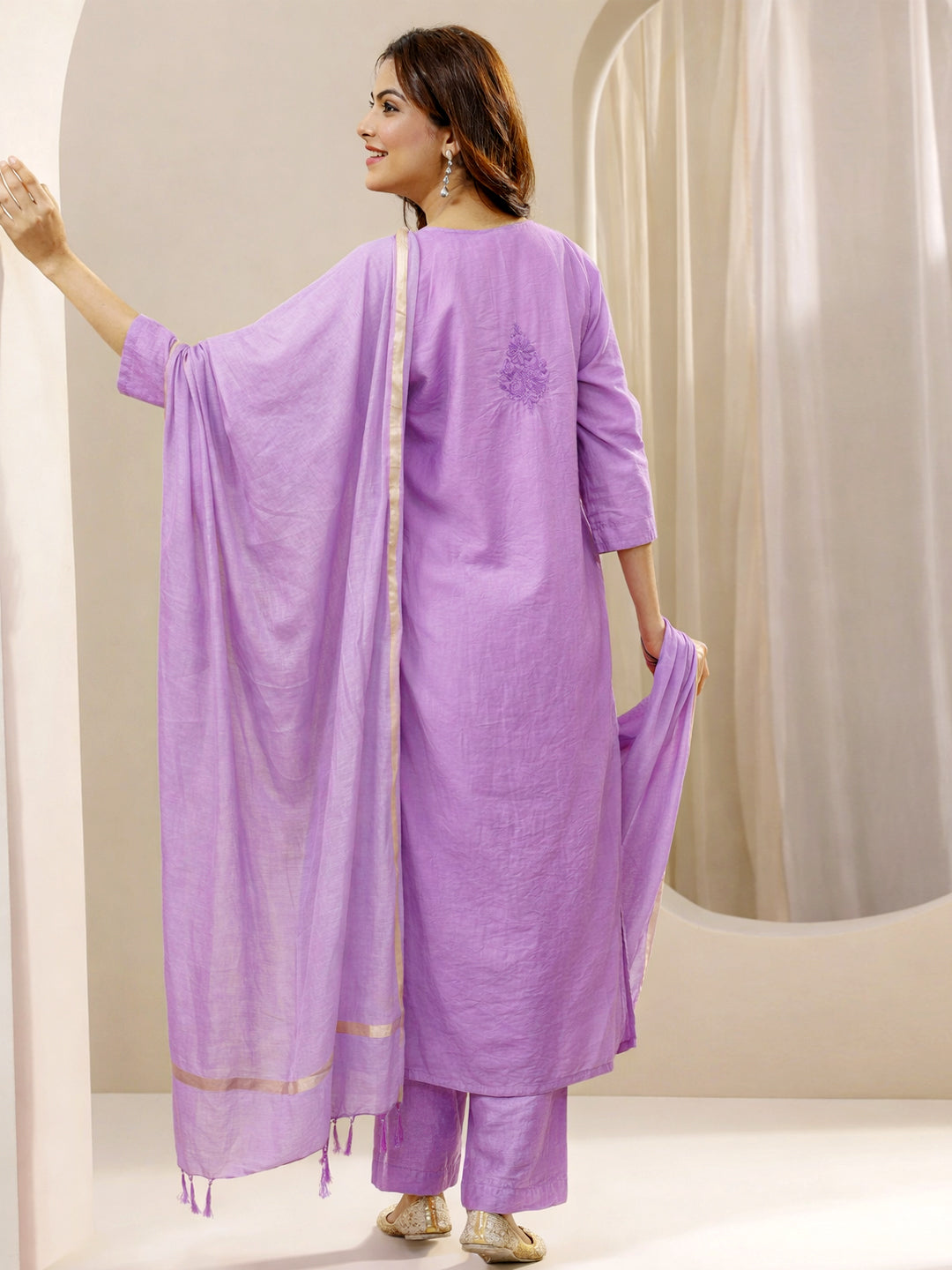 Tiya Chanderi Chikankari Kurta Set with Dupatta - Lavender