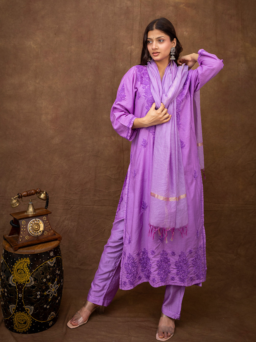 Close up of hand chikankari embroidery on Tiya Chanderi kurta set showing traditional floral patterns and artisan craftsmanship