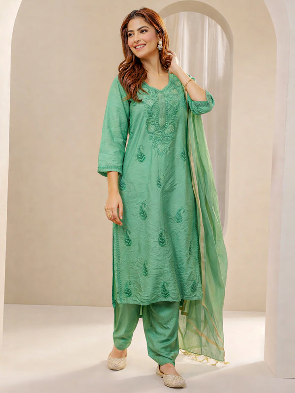Tiya Chanderi Chikankari Kurta Set with Dupatta - Green