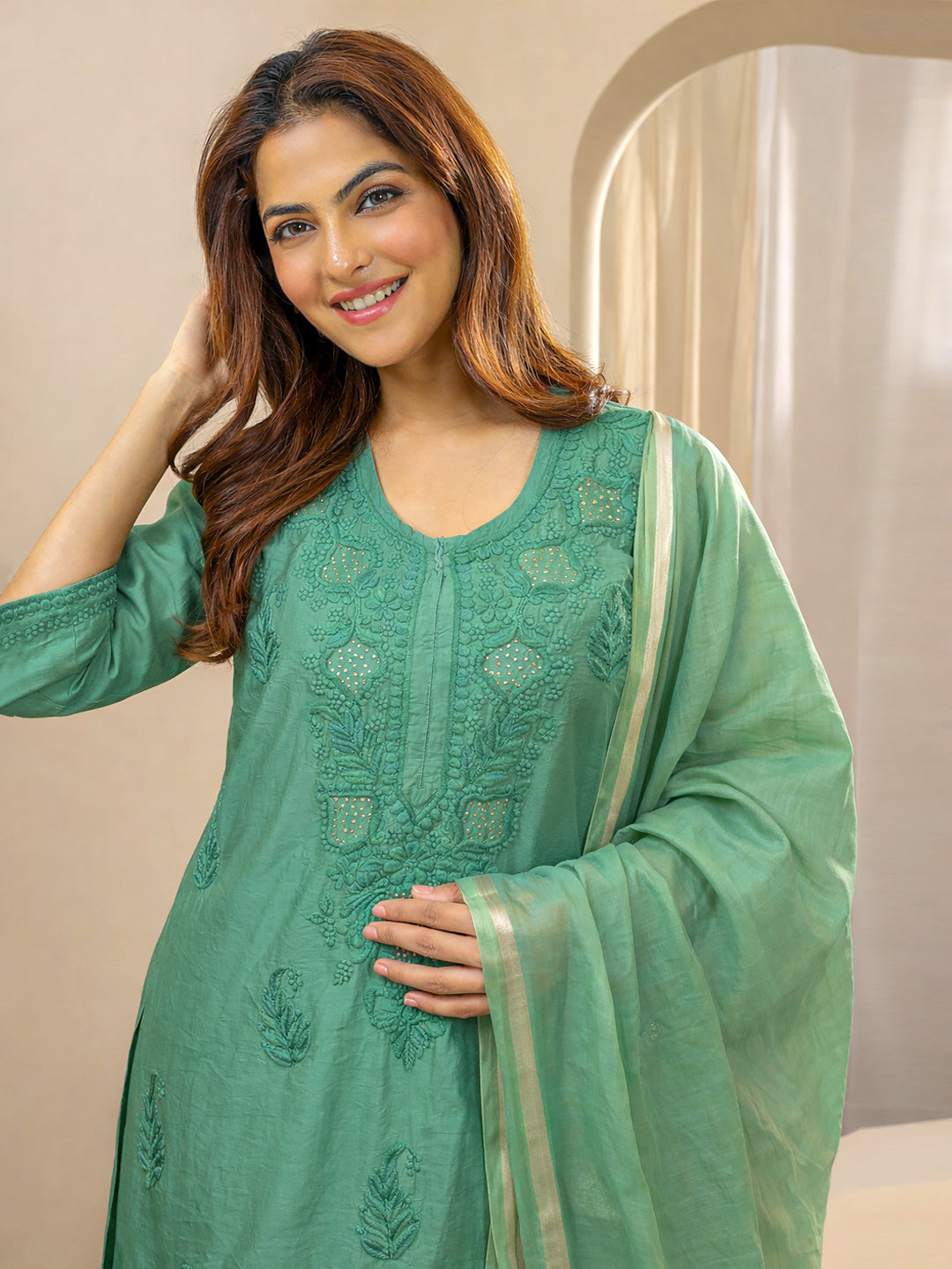 Tiya Chanderi Chikankari Kurta Set with Dupatta - Green