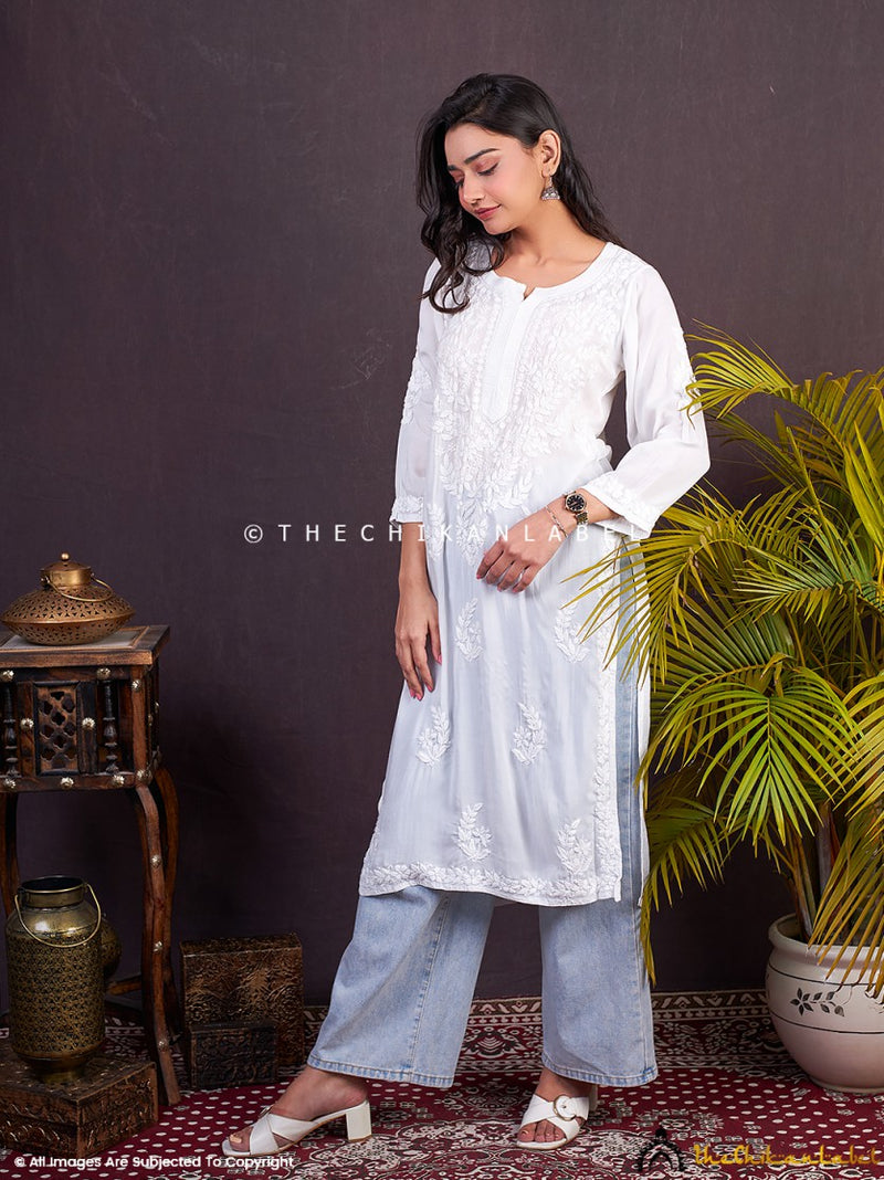 Tripti Dimri White Modal Chikankari Straight Kurti