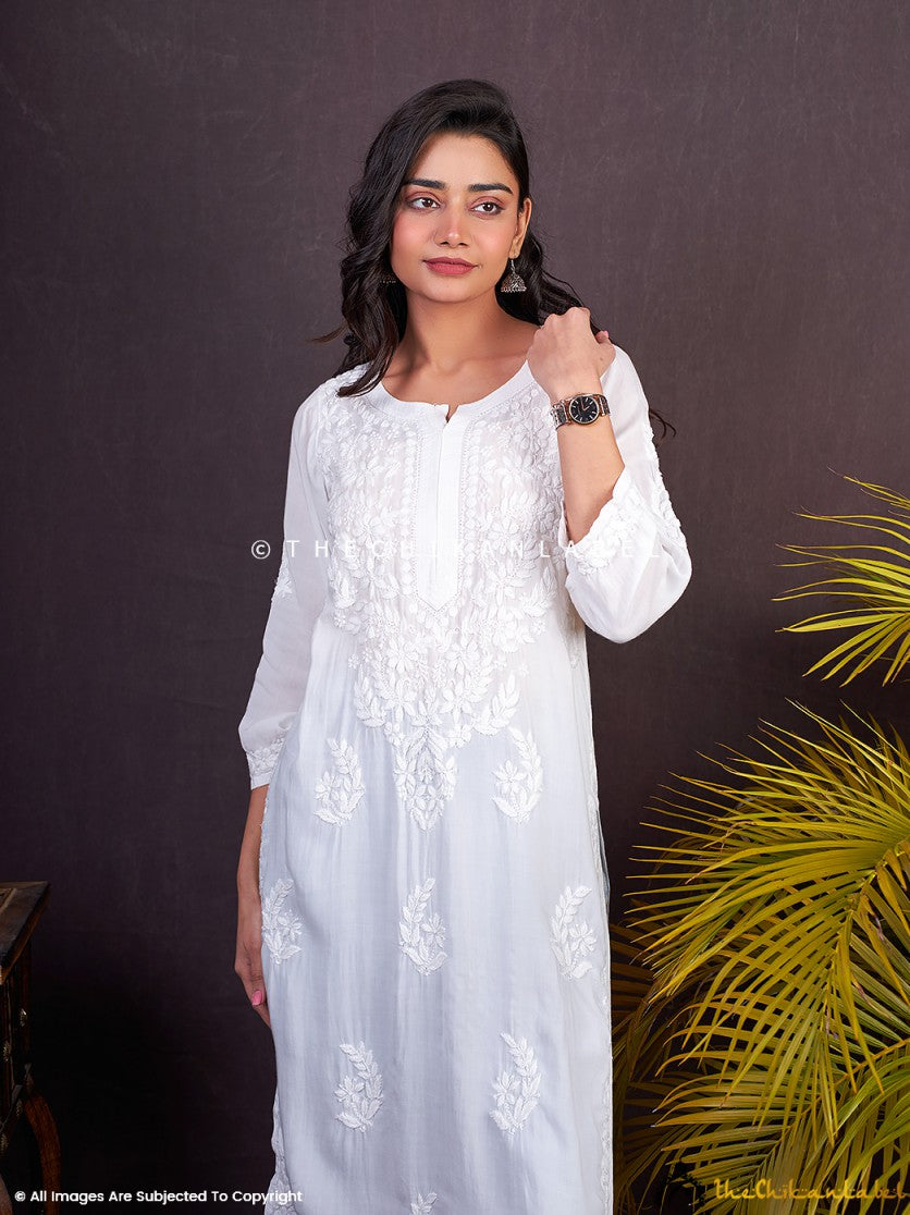 Tripti Dimri White Modal Chikankari Straight Kurti,Chikankari Straight Kurti in Modal Fabric For Woman