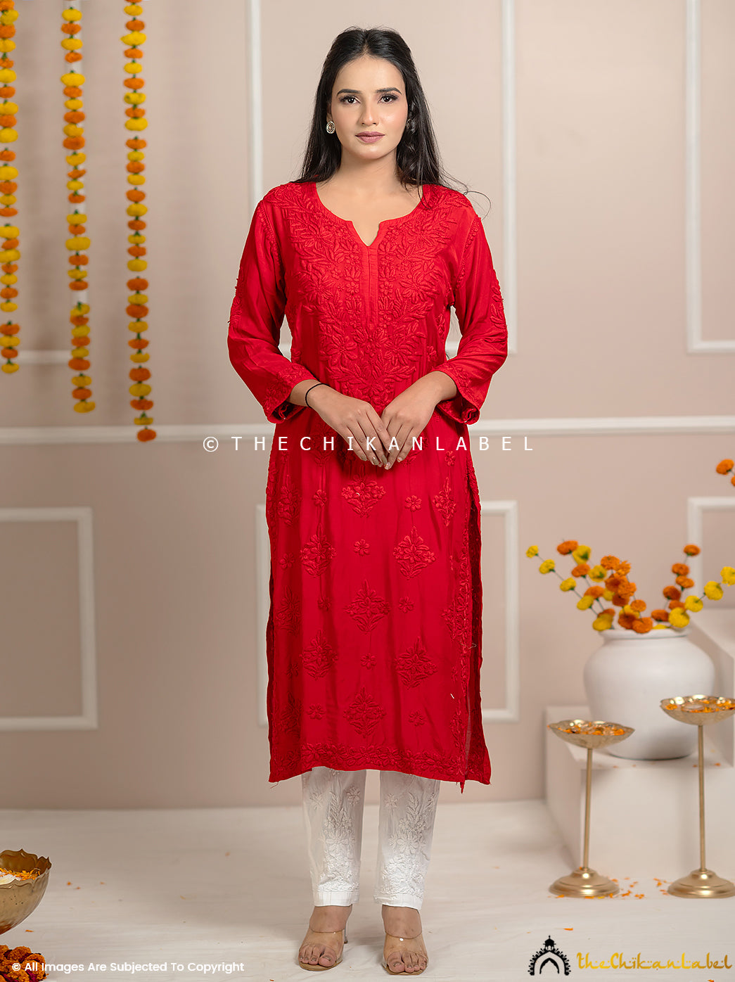 Tyohaar-E-Chikan Red Muslin Chikankari Straight Kurti