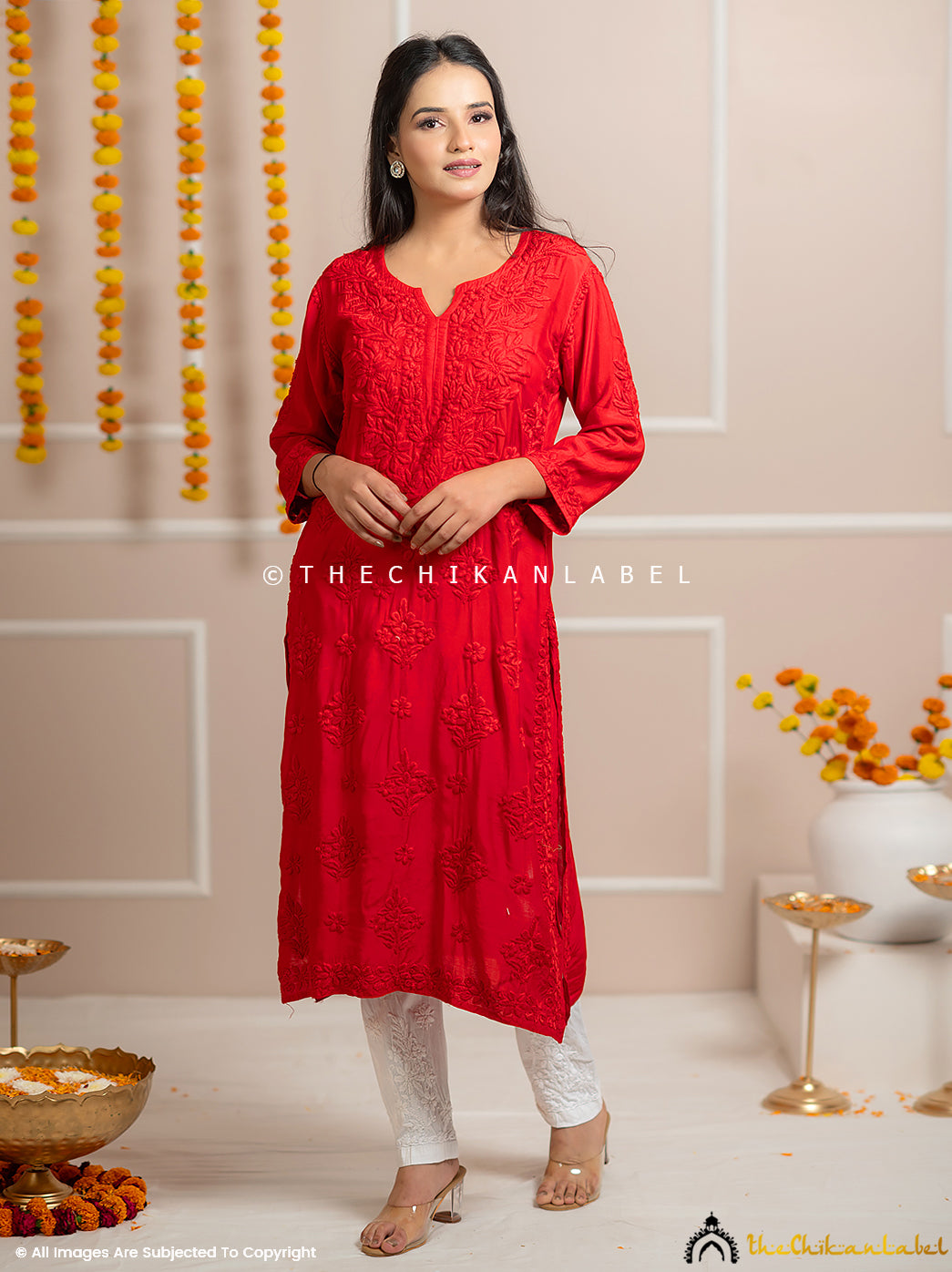 Tyohaar-E-Chikan Red Muslin Chikankari Straight Kurti