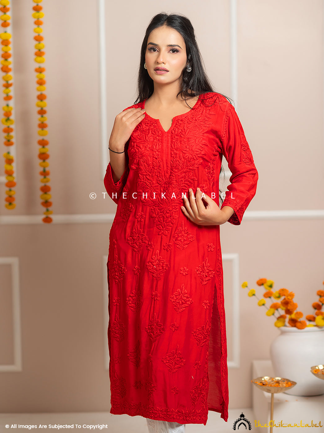 Tyohaar-E-Chikan Red Muslin Chikankari Straight Kurti