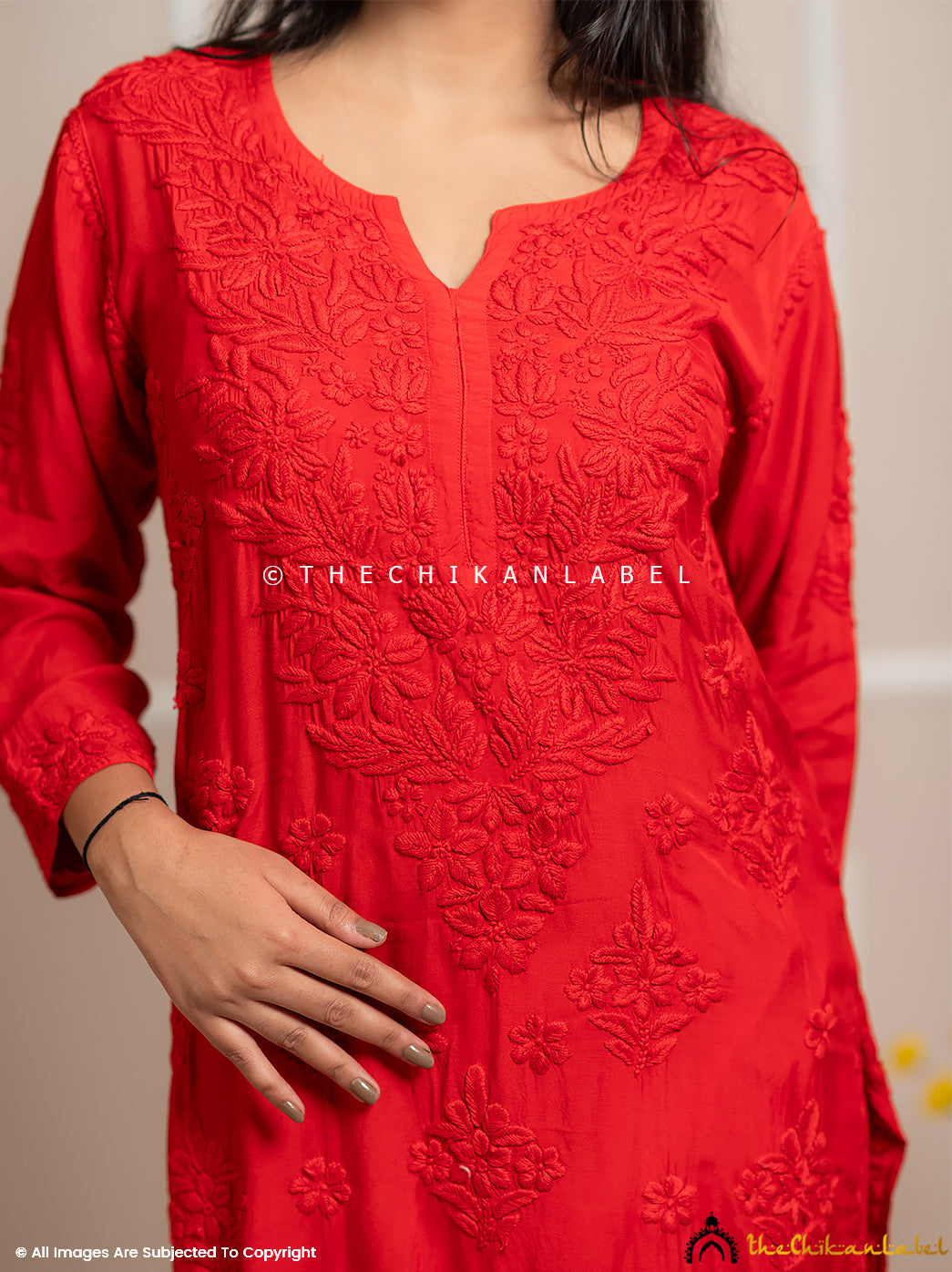 Tyohaar-E-Chikan Red Muslin Chikankari Straight Kurti